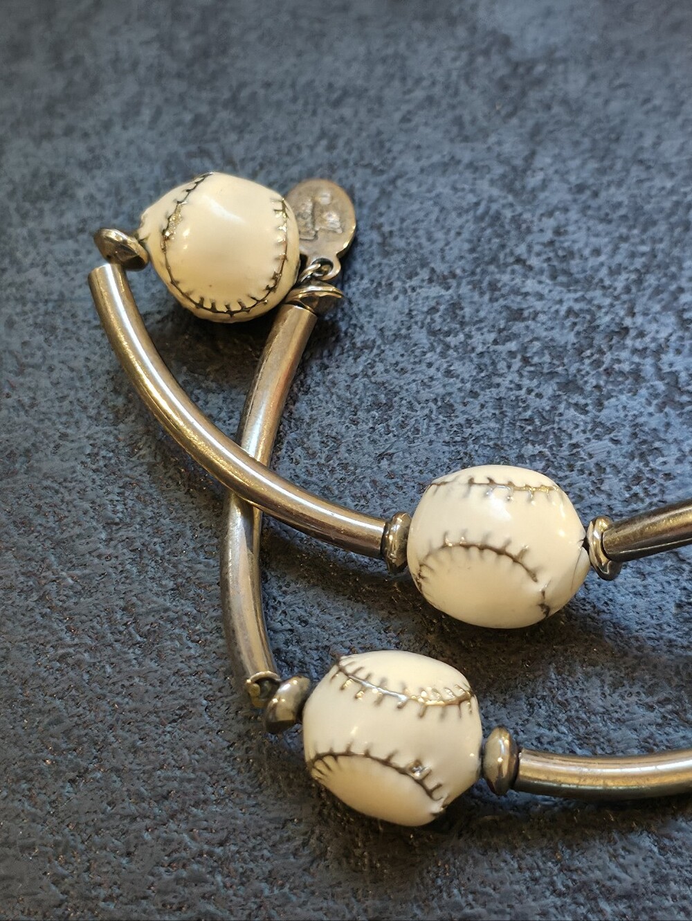 Vintage Carol Lee Baseball Stretch Bracelet | Sports-Themed Silver Tone Jewelry - Picture 4 of 5
